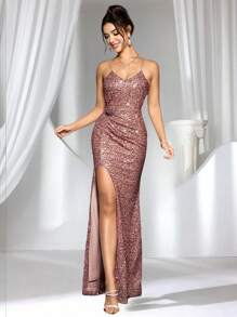 Coutiva Women's Sleeveless Sequin 3D Floral Decor High Slit Maxi Dress,Luxury Evening Gown For Wedding Guest,Spring/Summer Music Festival Formal Party Dress - Mocha Brown - View 1