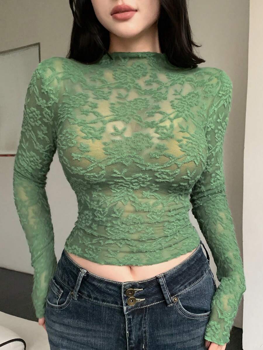 DAZY 女式透明蕾丝立领修身长袖绿色上衣，秋季服装 - 綠色 - 查看 1