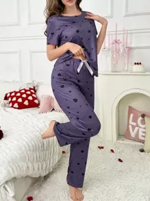 女士短袖上衣和裤子睡衣套装，全身心印花