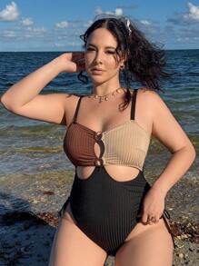 Slaysola Conjunto de 2 piezas para mujer talla grande, traje de baño con bloques de color acanalado y cubrecostras, conjunto de atuendo casual para vacaciones