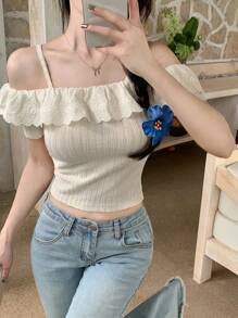 DAZY Women's Cold Shoulder Textured T-Shirt, Summer New Arrival Top,Ruffle Cute Tops - White - View 8