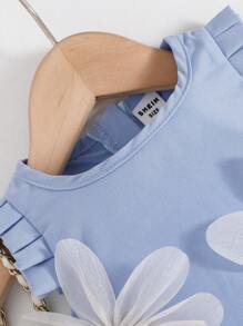 SHEIN Elladie kids Baby Girls Elegant Fashionable Sweet Pink Dress With Apricot Floral Decor, Summer - Blue - View 6