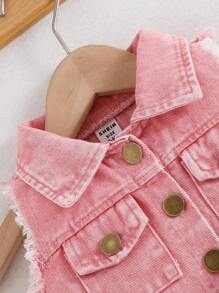 SHEIN Playful Pals 女婴时尚、优雅、别致的做旧蓝色牛仔上衣+配套半裙夏季套装 - 粉色 - 查看 7