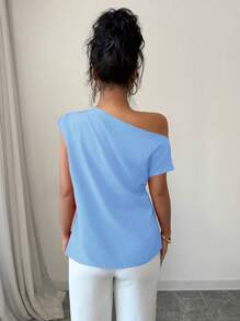 Elenzga Áo sơ mi nữ cổ bẻ xếp ly màu trơn, thời trang tối giản mùa hè - Màu xanh nhạt - Xem 2