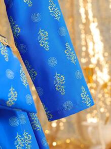 1pc Modest Elegant Red Digital Floral Print Long Sleeve Dress With Golden Trim For Young Girl, Accessorized With Crossbody Bag, Spring - Blue - View 5