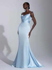 SHEIN Belle Elegant Light Blue Satin Spaghetti Strap Plunging Back Flowing Ribbon Mermaid Bridesmaid Dress