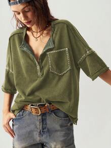 Bohemela 女士休闲纯色针织半开领圆领短袖宽松T恤