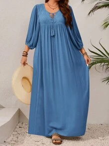 EMERY ROSE Gaun Elegan Lengan Lentera Kerah Dasi Warna Polos untuk Wanita Ukuran Plus - Biru - View 1