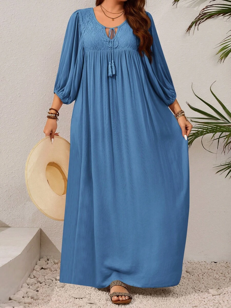 EMERY ROSE Gaun Elegan Lengan Lentera Kerah Dasi Warna Polos untuk Wanita Ukuran Plus - Biru - View 1