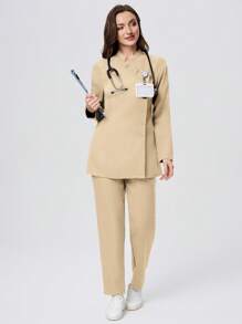 Scrubzie Bộ 2 sản phẩm/Bộ quần áo đồng phục y tá/áo cổ đứng chống nhăn dài tay/cho nữ - Màu be - Xem 3