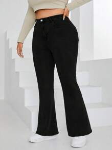 SHEIN ICON Plus Size Women Denim Bell Bottom Pants With Pockets, Casual & Versatile - Black - View 4
