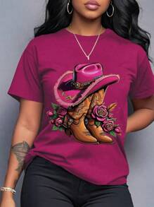 SHEIN LUNE Sommer Damen Große Größen Rundhals T-Shirt, Mode Western-Stil Stiefel Muster Grafikshirts Damen Tops - Lila - Übersicht 1