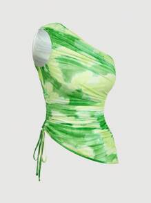 GENKIRA Top de malla con un hombro, cordón y fruncido lateral, estampado de teñido anudado - Verde - Ver 3