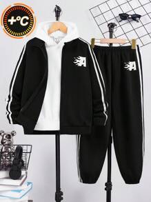 SHEIN 2pcs Set Tween Boys Casual Korean Style Ribbed Collar Zip-Up Hoodie & Relaxed Fit Jogger Pants, Suitable For Commute, School, Daily, Holiday, Sports, Spring Summer Autumn Winter