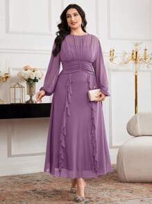 Modelyn 大码女式纯色圆领灯笼袖褶饰下摆优雅连衣裙 - 淺灰紫 - 查看 5