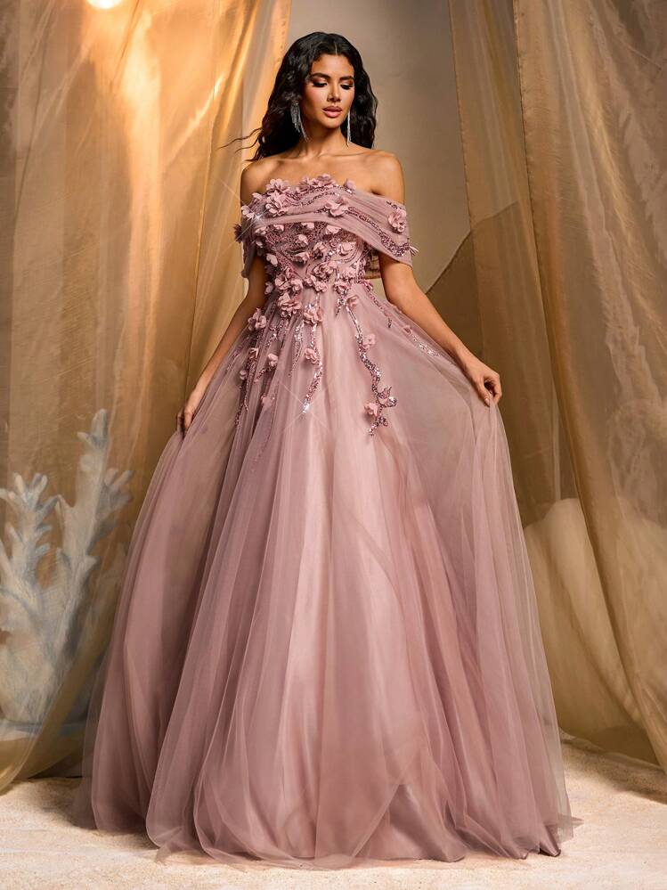 Glamrae فستان ماكسي فاخر مطرز ثلاثي الأبعاد بالزهور على شبكة متباينة من التطريز، مناسب للزفاف وحفلات الزفاف والحفلات والأعياد والعطلات، فستان سهرة رسمي - وردي مغبر - مشاهدة 6