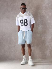 SUMWON Summer Football Jersey Style Casual Athletic T-Shirt With Delicate Lace Shoulder Inserts Detailed Number Print Leisure Sports Varsity Design Streetwear Fashion Everyday Essential - White - View 5