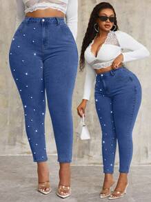 SHEIN SXY Plus Size Stretchy Denim Blue Skinny Pants With Pearl Decor - Medium Wash - View 8