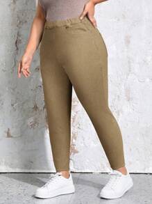 SHEIN LUNE Plus Size Stretch Denim Jeans, Solid Color, Minimalist Style, Suitable For Summer - Khaki - View 4