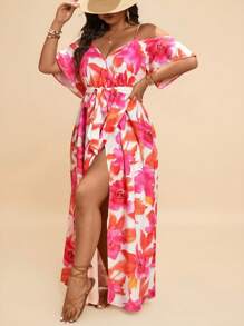 Travachic Plus Size Women Floral Print Off Shoulder Split Hem Vacation Dress Summer Outfits Beach Outfits For Woman Graduation Outfit Brunch Outfits For Women St Patrick Spring Break Rave Outfits Festival Elegant Vacation Outfits Woman Casau Western Cute Boho  Floral Beach Spring Clothes Brunch Outfits For Women Old Money Tropical Vacation Woman Clothes,Beach Dress Sundress,Holiday Outfits