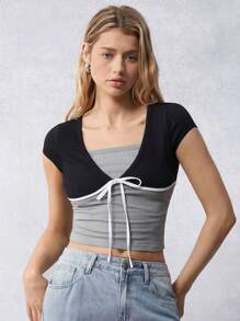 SHEIN EZwear Áo thun bó sát buộc dây phía trước màu tương phản dành cho nữ - Nhiều màu - Xem 4