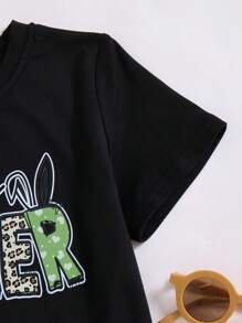 Young Boy Black Easter Letter Graphic Round Neck Short Sleeve T-Shirt, For Gifts - Black - View 7