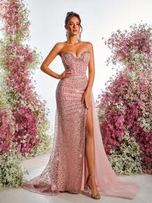 Glamrae Elegant Lotus Pink Luxury Bead & Sequin Mesh Splice Handcrafted Rhinestone Embellished Strapless Fishbone Side High Slit Fishtail Formal Evening Gown - Dusty Pink - View 7