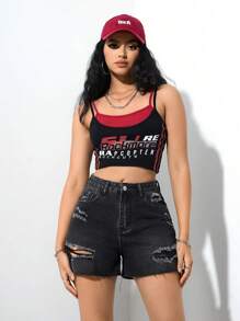 SHEIN EZwear Women's Casual Denim Shorts, Minimalist And Fashionable For Daily Wear - Black - View 3