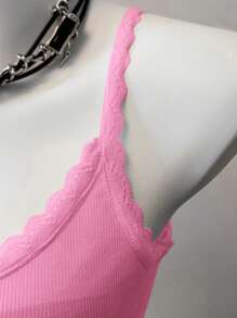 SHEIN EZwear Pink Rib Knit Women's Contrast Lace Crop Cami Top - Pink - View 5