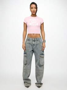 SUMWON WOMEN Beverly Hills Los Angeles County Baby Tee Graphic Print Short Sleeve Fitted Summer Casual Crop Top Retro Y2k Fashion Streetwear