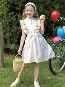 1 pièce Robe chemise à volants avec imprimé floral pour fille, convient pour les vacances à la plage et les voyages à la campagne - Blanc - Voir 1