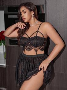 SilkySpell Plus Size Sexy Lace Trim Spaghetti Strap Nightgown, Captivating Allure Sleepwear - Black - View 7