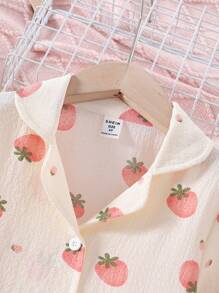 SHEIN 2pcs Young Girls Cute Strawberry Pattern Ruffle Textured Casual Comfy Open Front Top And Pants Set Home Wear - Multicolor - View 6