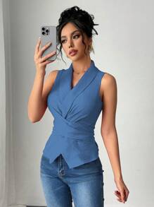 Gloray Blusa elegante senza maniche da donna con collo drappeggiato, schiena plissettata e dettagli modellanti in vita, top in tessuto lavorato