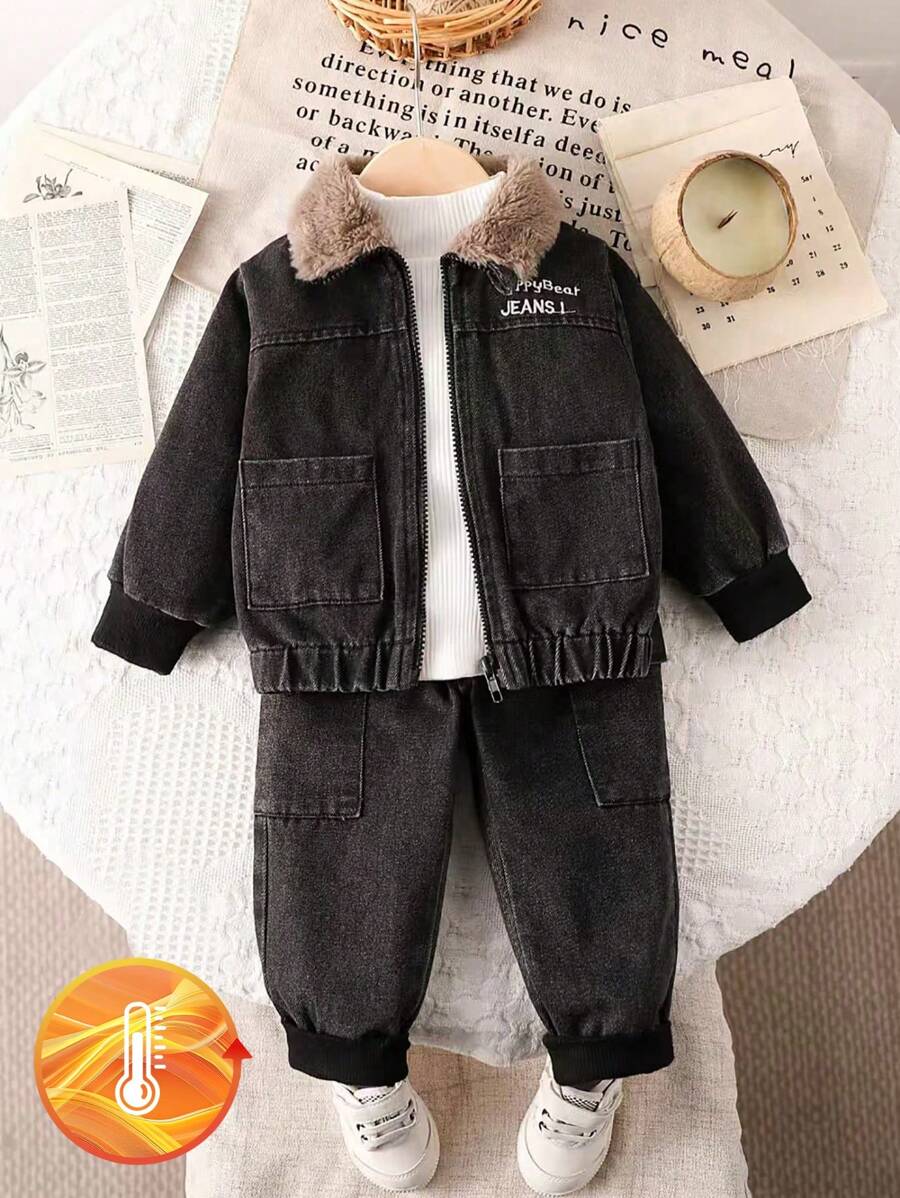 3pcs/Set Baby Boy Fashion Casual High Collar Top, Fleece Denim Jacket And Long Denim Pants Outfit - Black - View 1