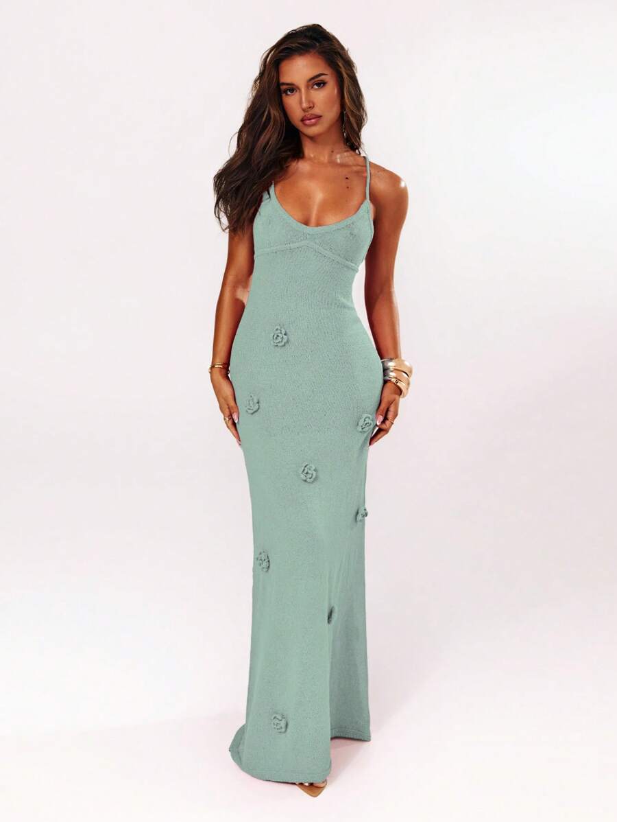 SHEIN BAE Women's 3D Floral Decor Open Back Halter Maxi Knit Dress - Mint Green - View 1