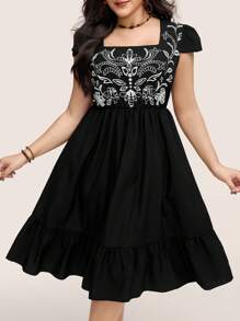 SHEIN LUNE Plus Size Women Floral Embroidery Pattern Ruffle Sleeve Elastic Waist Swing Dress Old Money Style Women Brunch Outfits For Women Airport Outfit Cowgirl Summer Outfits For Women Graduation Spring Women Summer Clothes Graduation Easter Outfit Women Spring Summer Clothes Vacation