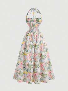 SHEIN MOD Vestido de mujer de longitud media con estampado floral romántico y escote halter, ideal para el Día de San Valentín, primavera, brunch, fiesta de té, vacaciones en la playa, vestidos florales para mujer, vestidos vintage para mujer