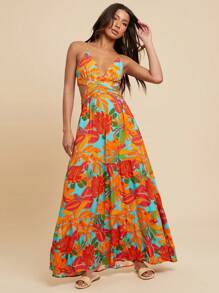 Travachic Woven Blue Floral Printed Spaghetti Strap V-Neck Backless Dress For Women,Spring&Summer,Boho Vacation Holiday Beach Western Wear,Tropical Festival - Multicolor - View 5