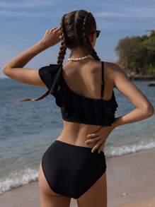 SHEIN 少女 2025 新款时尚纯黑色荷叶边单肩两件套比基尼、沙滩/泳池泳装、情人节礼物