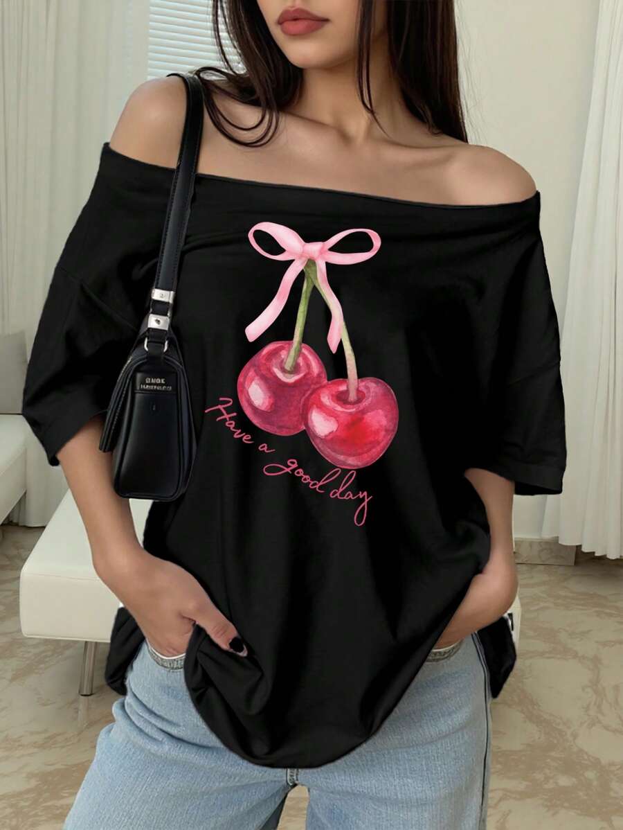 INAWLY Women's Off Shoulder Short Sleeve Cherry Print Casual T-Shirt