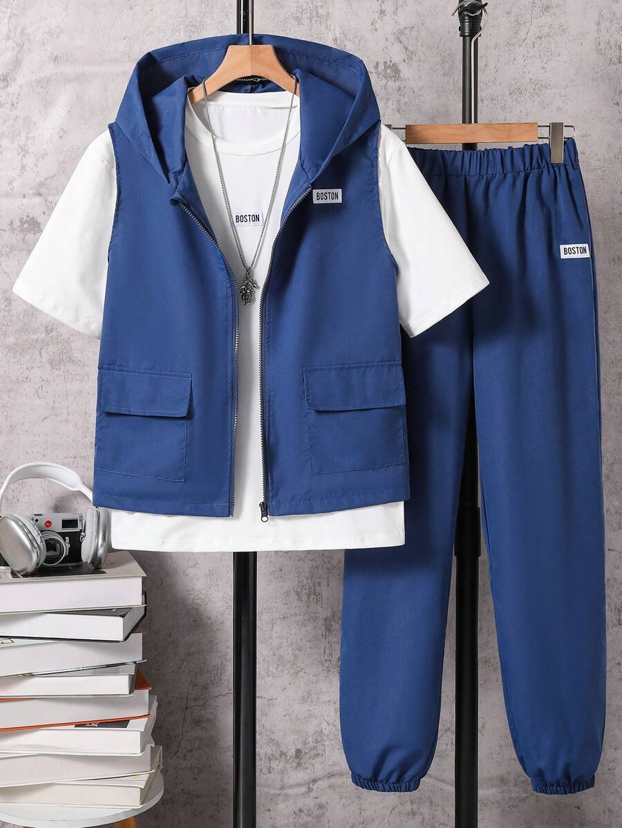 Bộ 3 món áo vest đen, áo phông trắng, quần đen trang phục thường ngày cho bé trai tuổi teen - Màu xanh lam - Xem 1