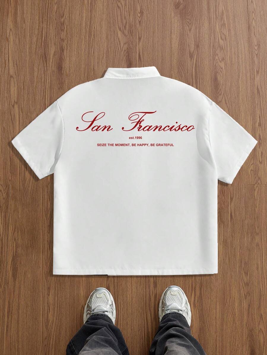 Manfinity VCAY Plus Size Men's Casual Loose Letter Print White Woven Shirt, Suitable For Summer - White - View 1