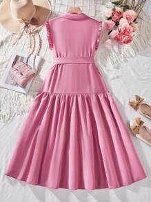 少女纯色荷叶边下摆优雅连衣裙，适合假日、夏季和旅行 - 粉色 - 查看 2