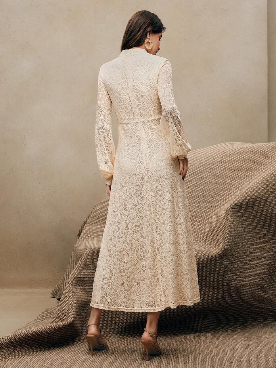 Elegant,Spring,All White Woman Outfits Women's Long Sleeve Lace Burgundy Dress Maxi Women Outfit