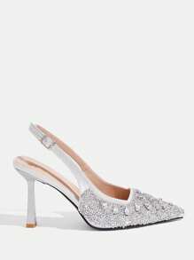 CUCCOO TILAWA أحذية زفاف نسائية ذات كعب عال، برؤوس مدببة، مزينة بالراين ستون، كعب عال مغلق، بلون فضي