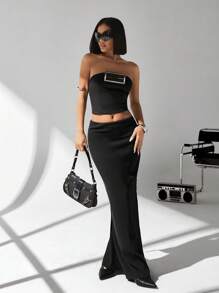 CasuGlow Women Solid Color Slit Detailed Tube Skirt - Black - View 4