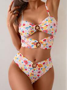 SHEIN Swim Tropical Ditsy Floral Random Wireless Hollow Starfish Decor Cute Sweetie Wireless Camisole Two Pieces Bikini Set For Women - Multicolor - View 1
