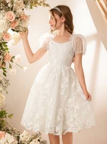 Tween Girl Elegant Luxurious White Puff Sleeve Mesh Lace Trim Midi Dress, Suitable For Evening Party, Valentine's Day, Ball, Birthday, Wedding And Other Occasions - White - View 5