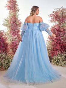 Glamrae Plus Size Elegant Luxurious Heavily Embellished Blue Sequin Embroidered Off Shoulder Puff Sleeve Long Sleeve Strapless Tulle Maxi Evening Gown, Formal, Party Dress, For Wedding Guest